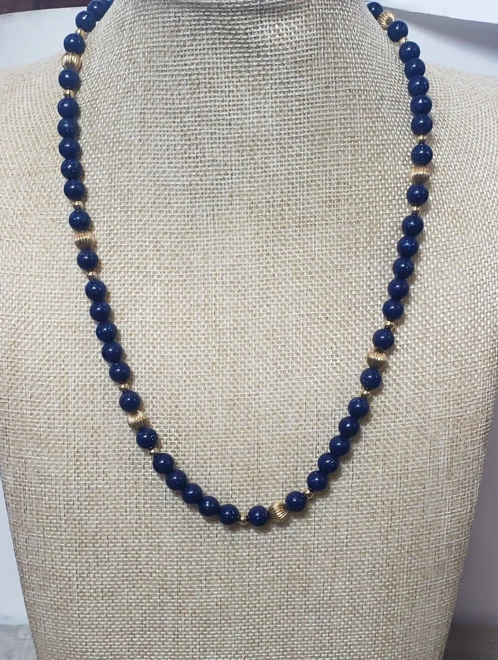VINTAGE Blue & Gold Beaded Resin Necklace Nautical Look